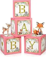 Baby Shower Box, 4pcs Floral Print Baby Boxes with Letters for Baby Shower Baby Balloon Blocks, Baby Shower Decorations for Girl First Birthday Centerpiece Gender Reveal Box (Pink)