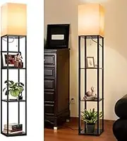 Clora Modern Floor Lamp with Shelves, 3 Color Temperatures Tall Standing Lamp, Wooden Display Corner Light with Fabric Lampshade and Pull Chain for Living Room, Bedroom and Office(LED Bulb Included)