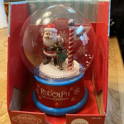 NEW Musical Plastic Waterless SNOW GLOBE Santa RUDOLPH the Red-Nosed Reindeer