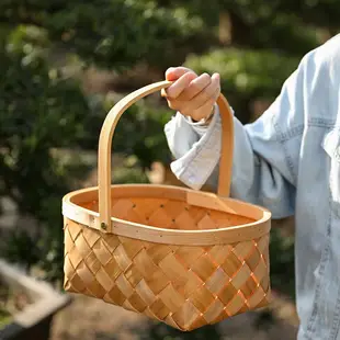 木片手工編織籃子水果零食面包蔬菜姜蒜野餐手提籃藤竹編筐收納籃
