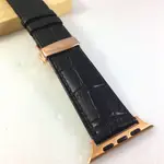 APPLE WATCH 牛皮真皮 鱷魚大格紋 黑色 真皮錶帶 玫瑰金 不鏽鋼 蝴蝶釦 38 40 42 44