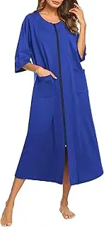 [Ekouaer] Women's Zipper Robe 3/4 Sleeve Nightgown Sleepwear Full Length Duster Housecoats Loungewear with Pockets