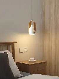 在飛比找松果購物優惠-牀頭吊燈北歐簡約木紋設計感臥室吊線燈日式原木風創意個性小吊燈