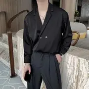 Long-Sleeve Collared Plain Shirt Black - L