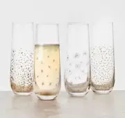 NEW - Mikasa Set of 5 Stemless 9.oz Flute Party Champagne Glasses w Gold Designs