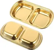 OFFSCH 2Pcs Stainless Steel Sauce Dish Double Compartment Appetizer Plate for Seasonings Dips Kitchen Gadget for Home Restaurants Catering
