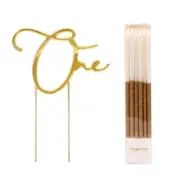 Cake & Candle Gold ONE Cake Topper and Glitter Dipped Cake Candles 12 Pack