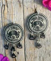 Long Armadillo Chandelier Earrings Handmade Brown Gourd Oaxaca Mexican Folk Art
