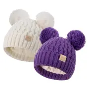 Toddler Winter Beanie Hat, Infant Winter Warm Knit Fleece Light Purple + White