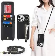 Cavor Vertical Flip Cover for iPhone 12 Pro Max Leather Case iPhone 13 Pro Max Case 6.7'' Crossbody Wallet Card Slots with 360°Rotation Ring Holder Kickstand & Long Shoulder Lanyard Strap-Black