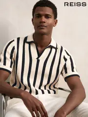 Reiss Off White/Navy Duncan Cotton Blend Stripe Knit Polo Shirt (W26461) | $225