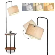 Modern Floor Lamp with End Table, 3-Color Temperatures Solid Wood Side Brown
