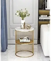 Cylindrical Bedside Table for Sofa Side Round Half Cut Side Table, Marble Top Table, 2-T ier Iron Shelf End Table