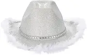 Cowboy Hat Fluffy Feather Trim Cowgirl Hat Adult Western Felt Cow Girl Hat Fancy Dress Party Halloween Cosplay Costume,Silver