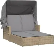 Sun Lounger, Sun Lounge Camping Chair Outdoor Chaise Lounge Double with Canopy and Cushions Mix Beige Poly Rattan