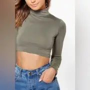 Boohoo NEW Army Green Aimee mock neck long sleeve crop top sz 8P
