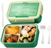 FOHOA Bento Box 3 Compartment Premium Quality 1100ml with Spoon Fork Knife - Green