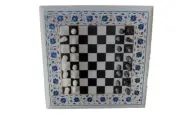 White Marble Chess Set With Chess Pieces Handmade Lapis Stone Marquetry Fine Art