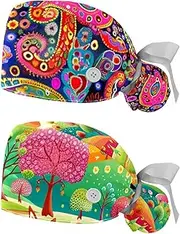 [YTYVAGT] 2-Pc,Nurse Scrub Caps,Scrub Hats with Buttons and Cotton Sweatband,Colored Flowers Paisley