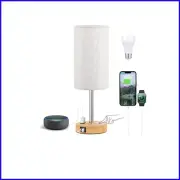Cream Minimalist Table Lamp - 17.4" Dimmable with Wood Grain Base & USB Ports