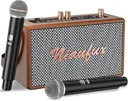 Retro Karaoke Machine with Two Wireless Microphones, Portable Bluetooth Speaker for Adults and Kids, Rechargeable PA System for Home Party, AUX/USB/TF/OTG Support, Vintage Decor Gifts - Brown