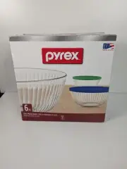 Pyrex Sculpted 6pc Mixing Bowl Set Clear Glass With Lids 6 Cup 10 Cup 4.5 Qt.