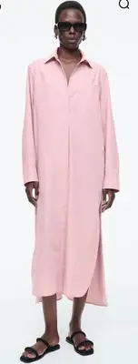 COS oversized Gathered Button Front Dress Size 14 Midi Pink Long Sleeve Pockets