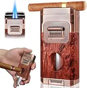 Cigar Torch Lighter with Built-in Cigar Cutter V Cut,Cigar Holder, Dual Windproof Jet Flame,Butane Lighter with Cutter Set for Smoking and Men's Cigar Gifts (Brown)