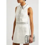 NEW $495 Alice + Olivia White Ellis Chain Trim Tweed Collared Mini Dress Sz 10