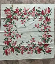 Vintage NWT Pink Red Lilac Flowers Floral Hand Print Tablecloth Unused 54x54