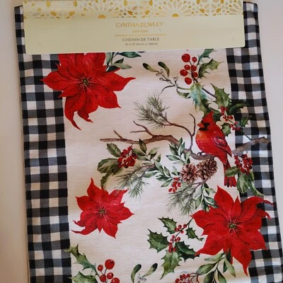 CYNTHIA ROWLEY POINSETTIA CARDINAL BIRD CHRISTMAS HOLIDAY 16" x 72" TABLE RUNNER