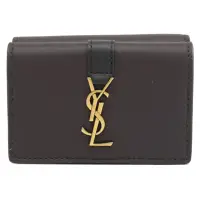 在飛比找momo購物網優惠-【YSL】金屬字母LOGO小牛皮雙面三折雙面零錢短夾(深棕)