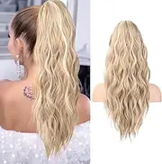 Ponytail Extension, Drawstring Hair Extensions for Women,Long Curly Natural Wavy Synthetic Hairpiece for Women Daily Use Party (22 Inch Light Blonde with White Blonde Highlights)