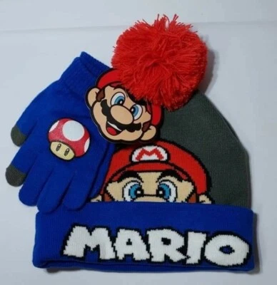 Super Mario Nintendo 2pc Youth Kids Beanie Winter Hat & Glove Set New