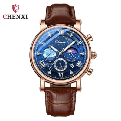 CHENXI Brand Men Watch Roman Numerals Moon Phase Chronograph Leather Wristwatch