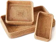 Rattan Serving Tray, Rectangle Basket Set of 3, Wicker Storage and Organizing Baskets, Natural Decorative Woven Tray for Home Decor, Bathroom, Kitchen Counter