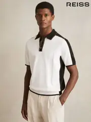 Reiss Optic White/Green Pentel Colour-Block Knit Polo Shirt (F19680) | $225
