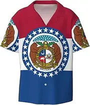 [VPPUR] Missouri State Flag Print Fashion Short Sleeve Button Down Cuban Collar Shirt Left Chest Convenient Pocket