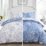 [ETDIFFE] Floral Duvet Cover Queen Size, 3pc Reversible Farmhouse Botanical Flower Pattern Printed Microfiber Comforter Cover Set, Aesthetic Soft & Lightweight Quilt Cover, Light Blue and White