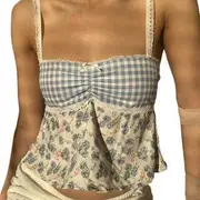 Gingham Plaid Floral Print Lace -Trim Crop Cami Top Blue - L