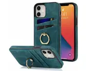 Full Protection Cover for iPhone 12 Mini, 2 Cards PU Leather Case with Ring Holder - Blue