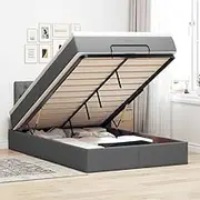 vidaxl Ottoman Bed Frame with Pocket Spring Mattress - King Single, Dark Grey Fabric Upholstery, Ample Under-Bed Storage, Hydraulic Lift, Adjustable LED Lights, Polyester