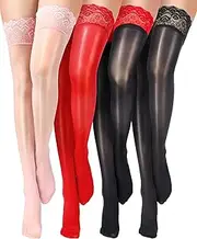 [Bencailor] 4 Pairs Shiny Thigh High Stockings Oil Silicone Lace Top Sheer Tights Over Knee Stockings Silky Socks for Women