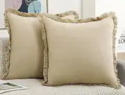 Set of 2 Natural Linen Fringed Throw Pillow 18" x 18" (Pack of 2) Beige