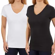 2 x KIRKLAND SIGNATURE Ladies Cotton V-Neck Tee - White & Black - 7996531