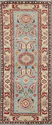 Floral Light Blue/ Ivory Super Kazak Oriental Hand-knotted Runner Rug 2'x6'