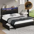 Oikiture Queen Bed Frame With LED Storage Headboard 4 Drawers USB Charge