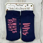Simply Southern Socks “MRS ALWAYS RIGHT” Blue / Pink Unisex W 7-12 M 6-11 NEW
