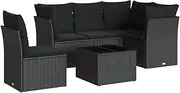 vidaXL Modular Garden Sofa Set with Cushions - 6 Piece Black Poly Rattan | Outdoor Patio/Backyard/Deck Furniture with Storage and Glass Tabletop