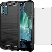 Asuwish Phone Case for Nokia G21 / G11 with Tempered Glass Screen Protector Cover and Cell Accessories Slim Rubber Silicone Soft TPU Protective G 21 21G 11 11G 2022 Women Men Carbon Fiber Navy Black